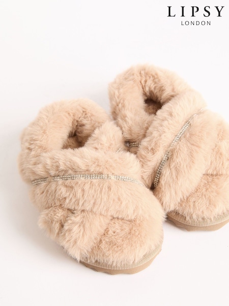 Lipsy Camel Embellished Cross Strap Slingback Fluffly Slippers (F42321) | AED87 - AED111