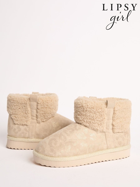 Lipsy Cream Standard Fit (F) Faux Shearling Lined Print Pull On Bootie Slippers (F42323) | AED105 - AED128
