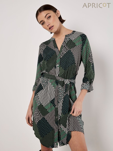Apricot Green Geo Patchwork Tie Shirt Dress (F42331) | €51