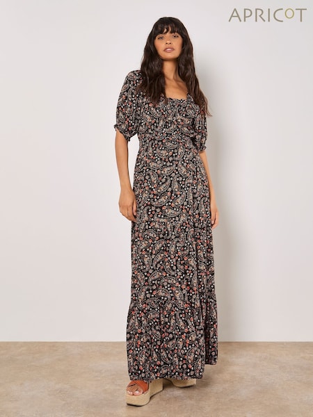 Apricot Black Floral Print Paisley Tiered Maxi Dress (F42339) | €59