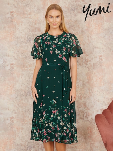 ירוק - Yumi Daisy Mirror Placement Skater Dress With Angel Sleeves (F42382) | ‏327‏₪