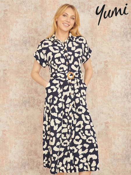 Yumi Abstract Animal Print Relaxed Midi Shirt Dress With Belt (F42387) | ‏327‏₪