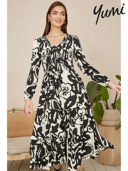 Yumi Black Abstract Print Ruched Midi Dress With Long Sleeves (F42389) | €83