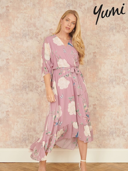 Yumi Pink Bird and Floral Print Midi Wrap Dress (F42392) | €92