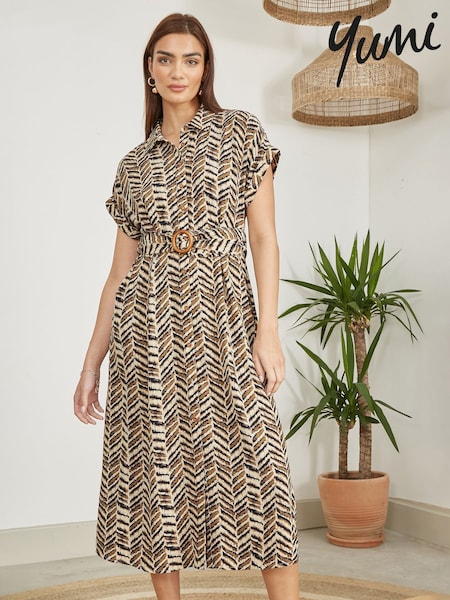 Yumi Brown Abstract Animal Print Relaxed Midi Shirt Dress With Belt (F42393) | €83