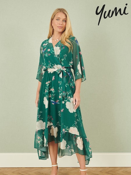 Vihreä - Yumi Bird And Floral Print Midi Wrap Dress (F42396) | €95