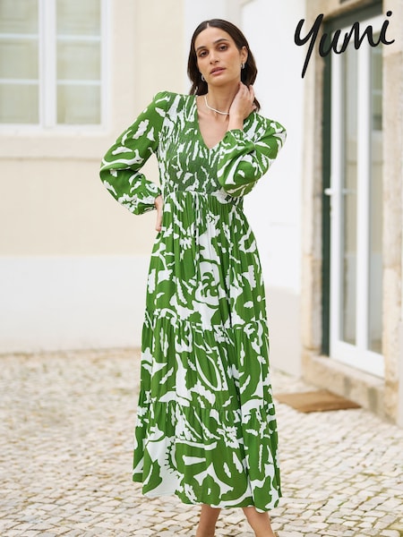 Yumi Green Abstract Print Ruched Midi Dress With Long Sleeves (F42400) | 322 QAR
