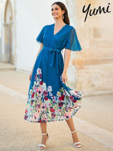 Yumi Mesh Wrap Midi Dress With Floral Print Hem Border (F42401) | €110