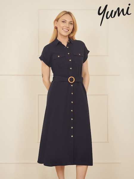 Sininen - Yumi Viscose Look Midi Shirt Dress With Wooden Belt (F42402) | €102