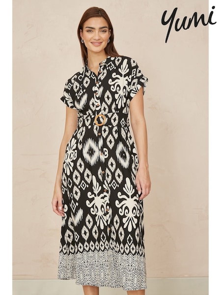 Yumi Black Abstract Geo Print Relaxed Midi Shirt Dress With Belt (F42404) | €83