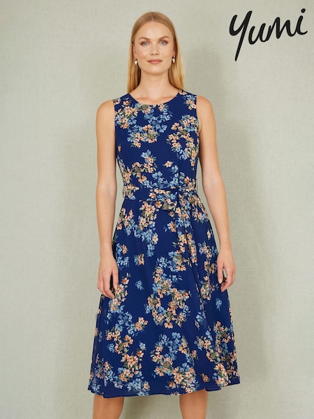 Yumi Blue Floral Print Skater Sleeveless Dress (F42405) | €83