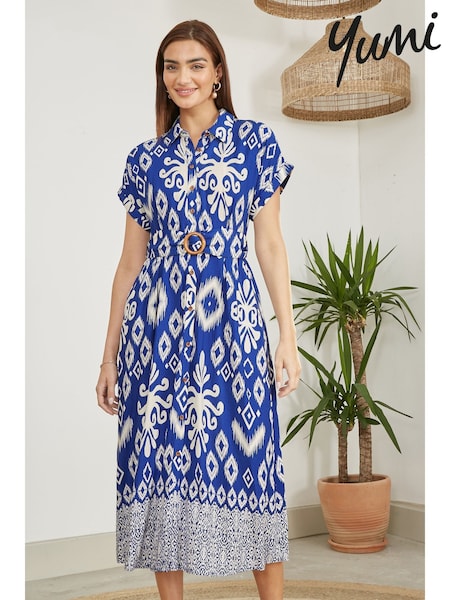 Yumi Blue Abstract Geo Print Relaxed Midi Shirt Dress With Belt (F42409) | €83