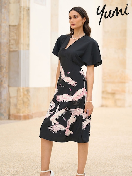Yumi Black Fabric Crane Print Kimono Midi Dress (F42411) | R$ 640