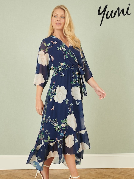 Yumi Blue Bird and Floral Print Midi Wrap Dress (F42413) | €92