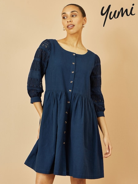 Yumi Blue 100% Cotton Tunic With Broderie Anglaise Puff Sleeves (F42414) | $105