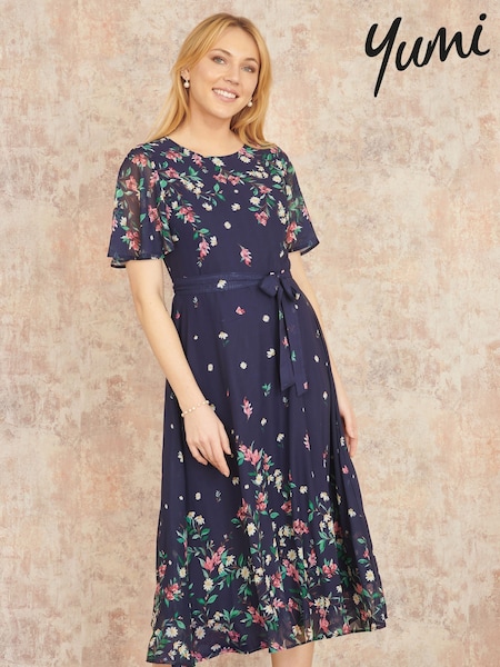 Sininen - Yumi Daisy Mirror Placement Skater Dress With Angel Sleeves (F42417) | €102