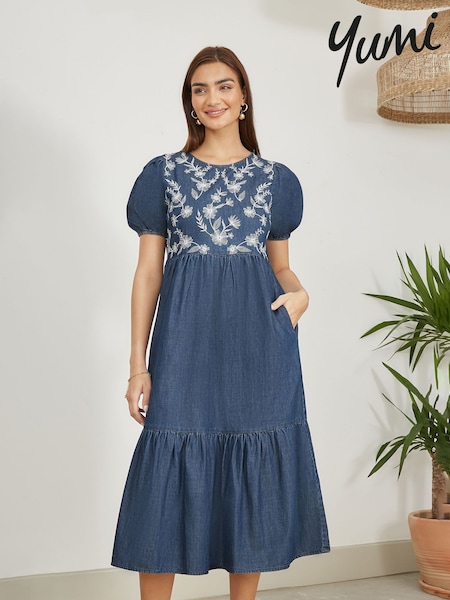 Yumi Blue Chambray Denim Midi 100% Cotton Dress With Embroidery And Puff Sleeves (F42419) | €95