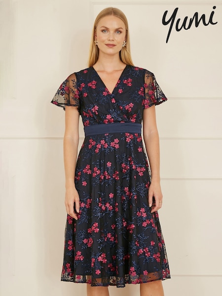 Yumi Embroidered Floral Print Mesh Wrap Midi Skater Dress (F42420) | €118