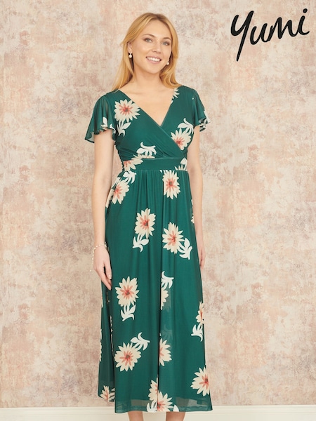 Yumi Green Mesh Flower Wrap Midi Dress With Pockets (F42423) | 322 QAR
