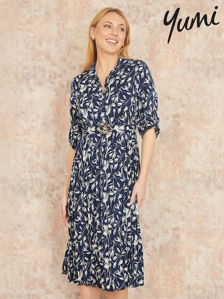 Yumi Blue Floral Print Pleated Skater Dress With Buckle (F42425) | 3,304 UAH
