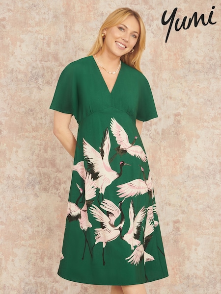 Yumi Green Fabric Crane Print Kimono Midi Dress (F42428) | 322 QAR
