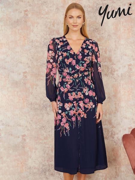 Yumi Button Up Midi Dress With Floral Print Placement And Long Sleeves (F42432) | €118