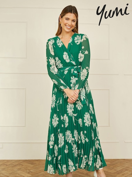 Yumi Green Floral Print Pleated Wrap Long Sleeve Dress (F42436) | 371 QAR