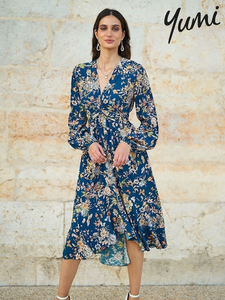 Yumi Butterly Floral Tie Knot Front Long Sleeve Midi Dress (F42437) | €95