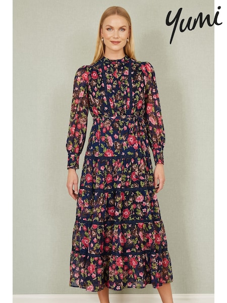 Yumi Blossom Print Maxi Dress With Long Sleeves And Lace Trims (F42438) | €134