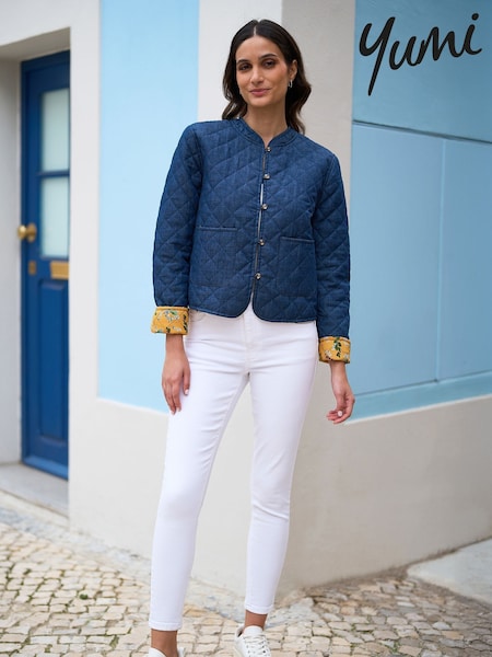 Yumi Blue Chambray Quilted 100% Cotton Jacket With Reversible Floral Print Lining (F42443) | $131