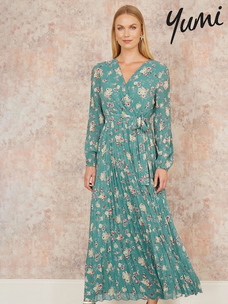 Yumi Floral Print Pleated Long Sleeve Wrap Over Midi Dress (F42446) | €99