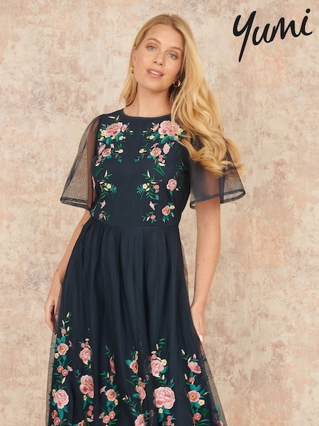 Yumi Blue Embroidered Mesh Sleeve Prom Skater Dress (F42452) | $122