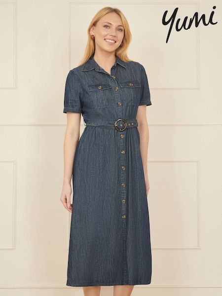 Yumi Blue Chambray Utility Midi Denim 100% Cotton Shirt Dress (F42456) | €89