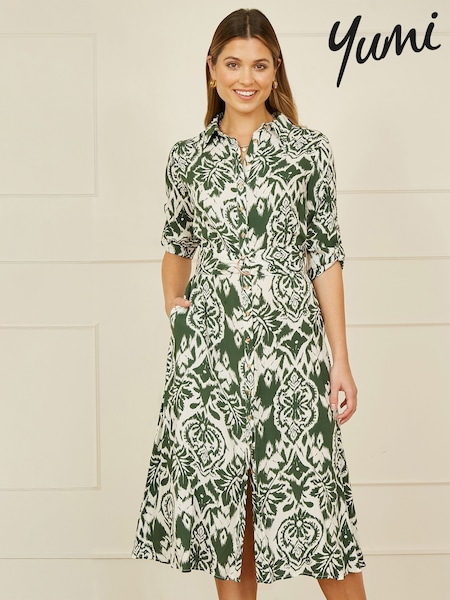 Yumi Green Ikat Geo Print Midi Shirt Dress (F42458) | €86