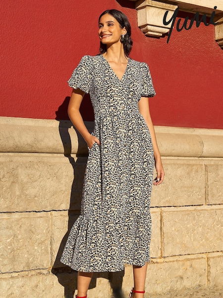 Yumi Leopard Print Pleated Button Through Midi Dress (F42459) | ‏327‏₪