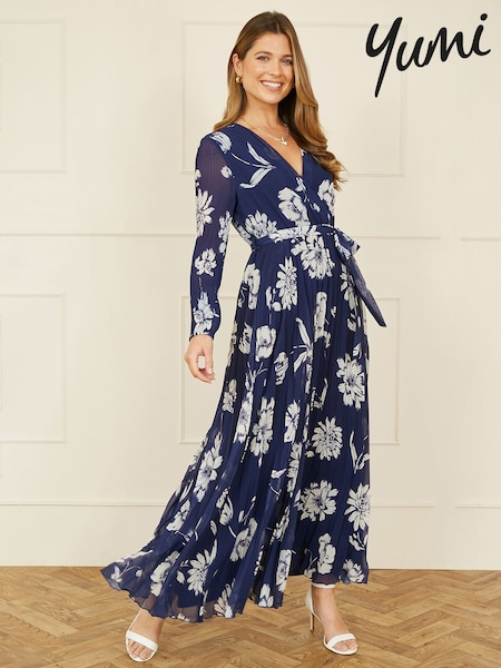 Yumi Blue Floral Print Pleated Wrap Long Sleeve Dress (F42471) | €95