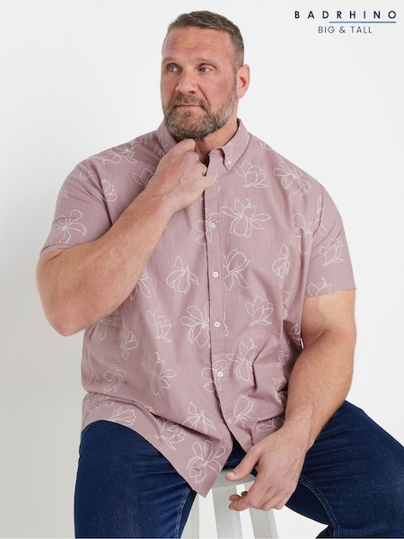 BadRhino Big & Tall Pink Linear Floral Print Slub 100% Cotton Shirt (F42501) | ₪166