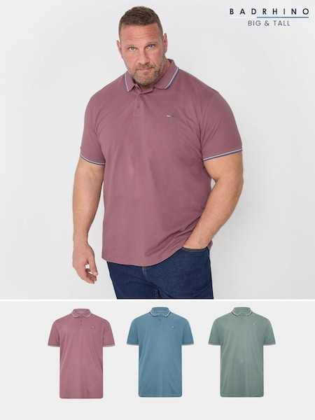 BadRhino Big & Tall Blue Tipped Pique 100% Cotton Polo Shirts 3 Pack (F42518) | R$ 445