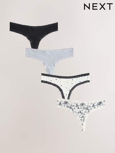 Black/Cream Thong Cotton Lace Knickers 4 Pack (F42600) | €24