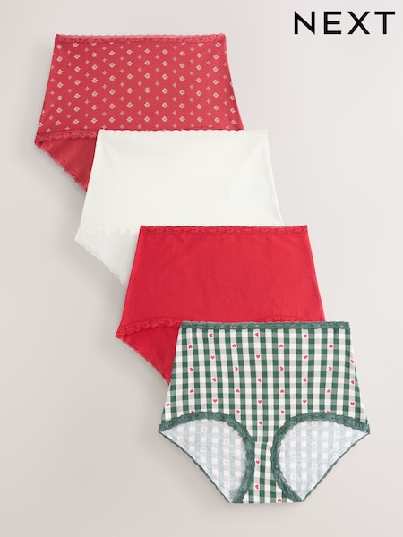 Red Heart/Green Check Full Brief Cotton Lace Knickers 4 Pack (F42618) | €29