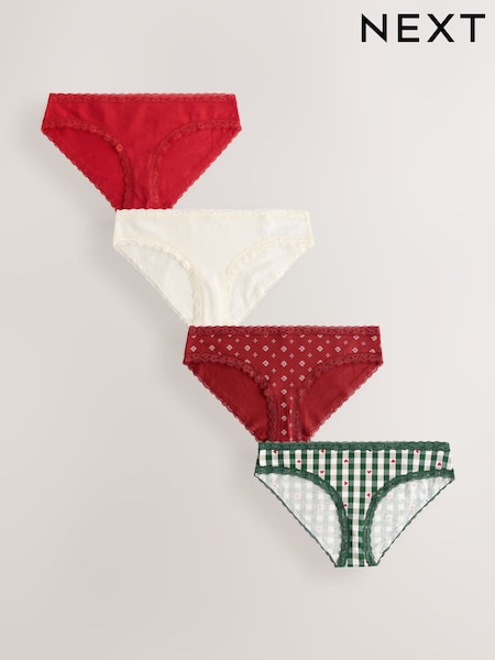 Red Heart/Green Check Bikini Cotton Lace Knickers 4 Pack (F42626) | €27