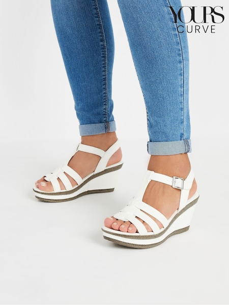 Yours Curve White Extra Wide Fit Extra Wide Fit T-Bar Heeled Sandals (F42713) | $65