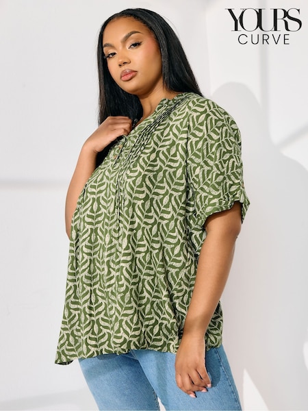 Yours Curve Green Grown On Sleeve Notchneck Top (F42729) | €42