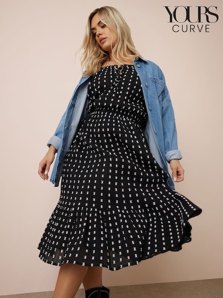 Yours Curve Black Swiss Dot Boho 100% Cotton Dress (F42743) | €47