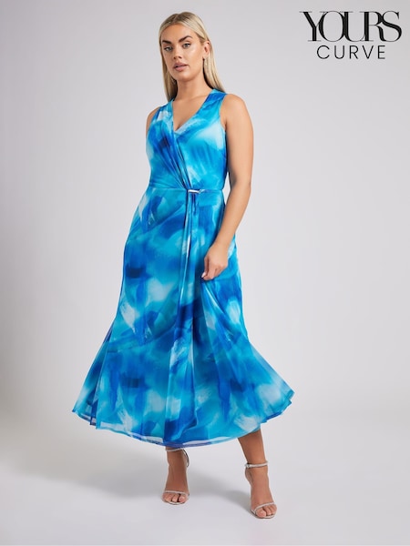 Yours Curve Blue London V-Neck Mesh Drape Maxi Dress (F42758) | 346 QAR