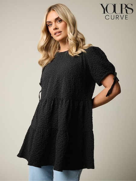Yours Curve Black Textured Ditsy Tiered Smock Top (F42770) | 153 QAR