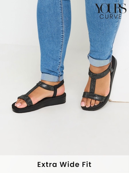 Czarny - Yours Curve Extra-Wide Fit Diamante T Bar Sandal (F42780) | 195 zł