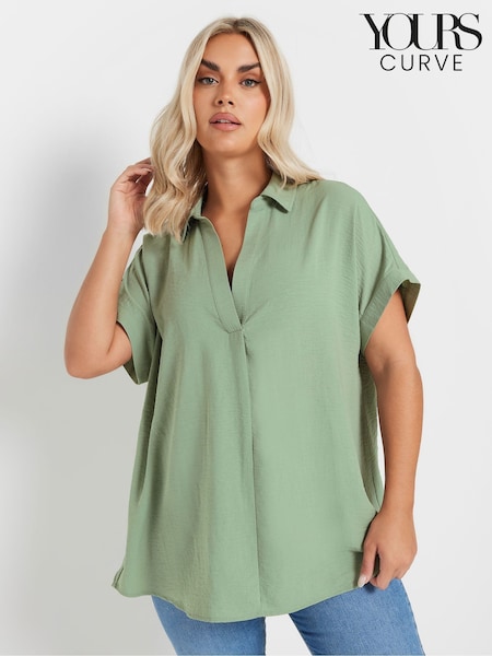 Yours Curve Green Collared Pleated Front Short Sleeve Blouse (F42792) | $47