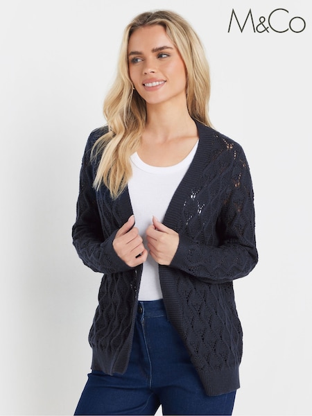 M&Co Blue Petite Edge To Edge Mid Length Crochet Cardigan (F42801) | €42