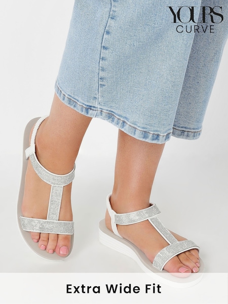 Yours Curve White Wide Fit Extra-Wide Fit Diamante T Bar Sandal (F42807) | $49